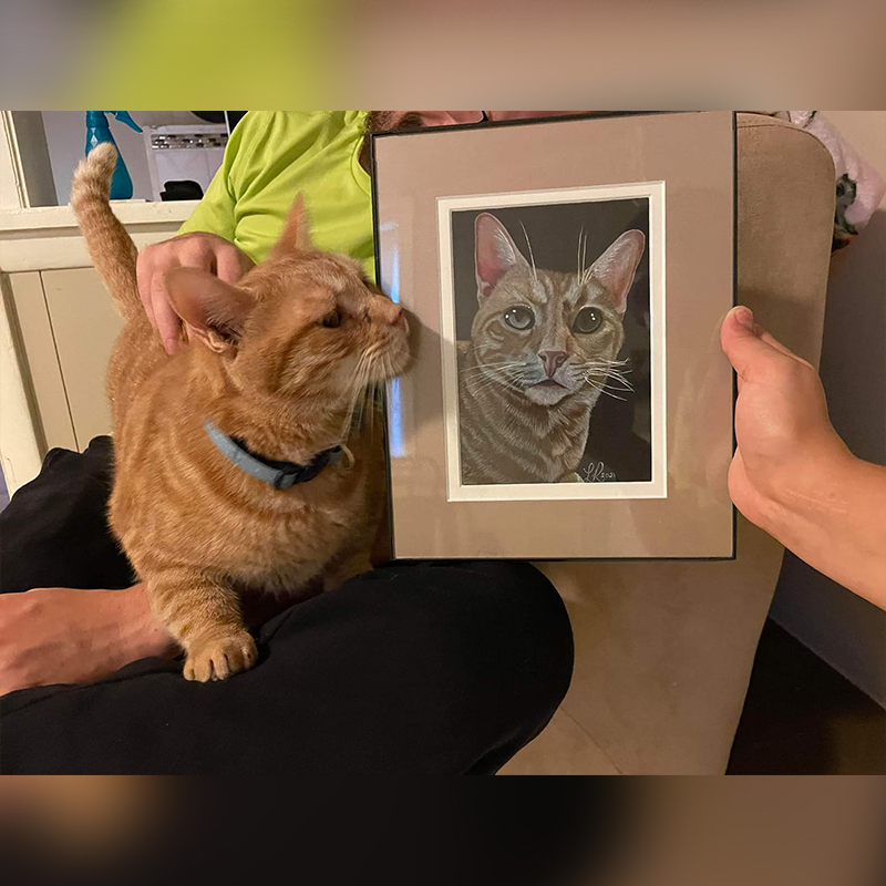 Below, a cat named Lenny really seems to dig his portrait in his forever home.
