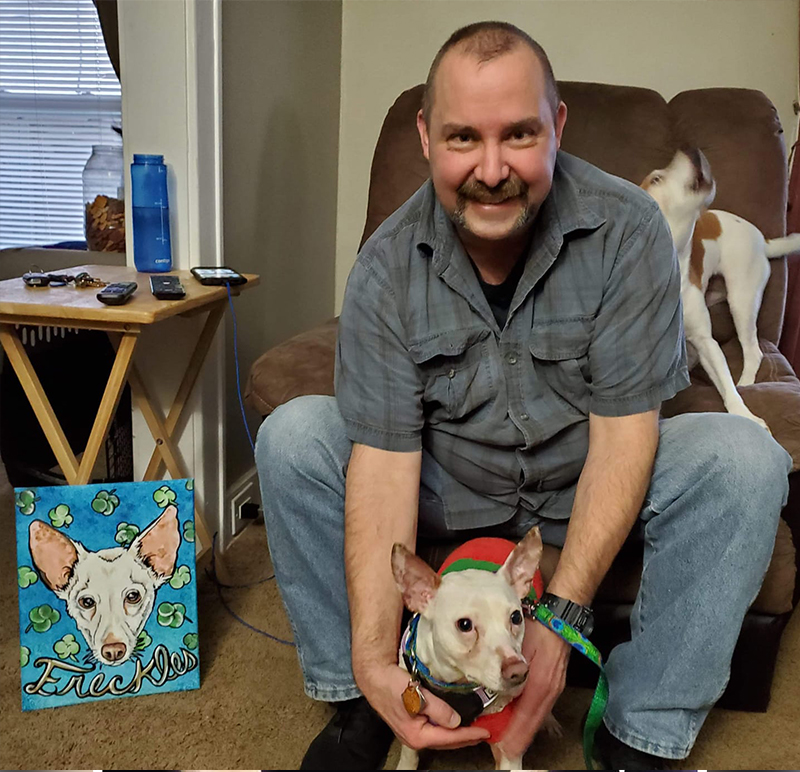 Freckles with his owner and portrait, Cheddar Paws Dog art
