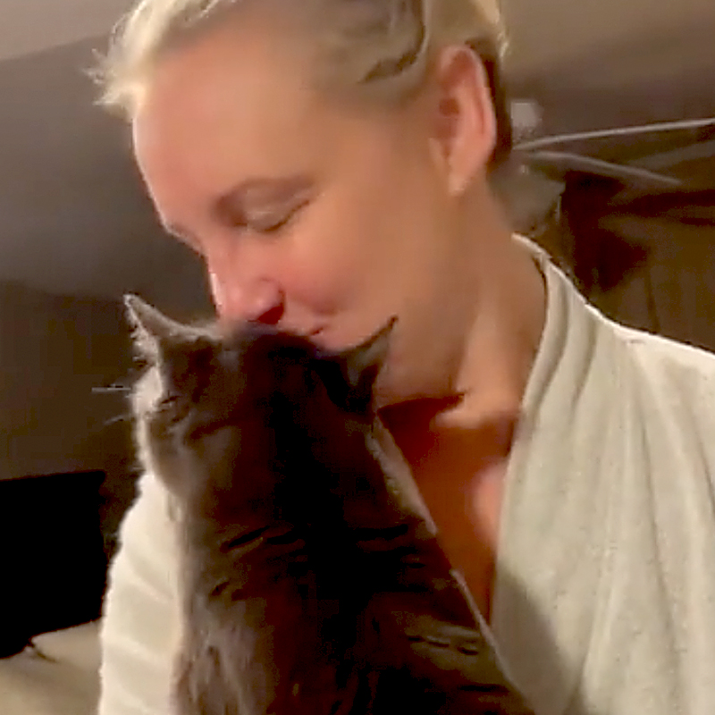 woman kisses grey cat