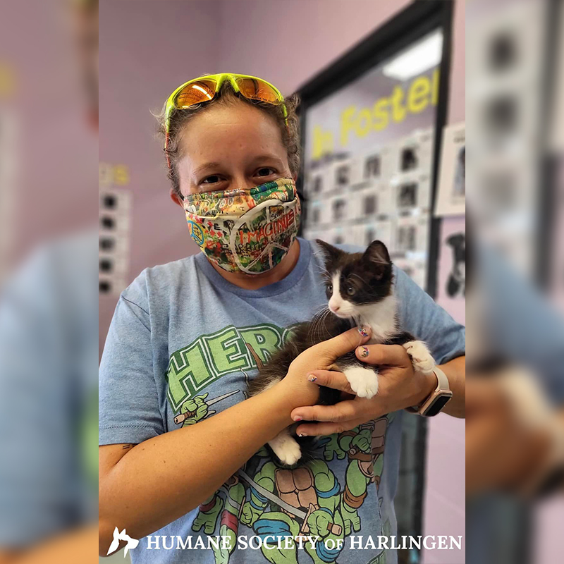 Woman adopts the funny kitten, Harlingen, Texas