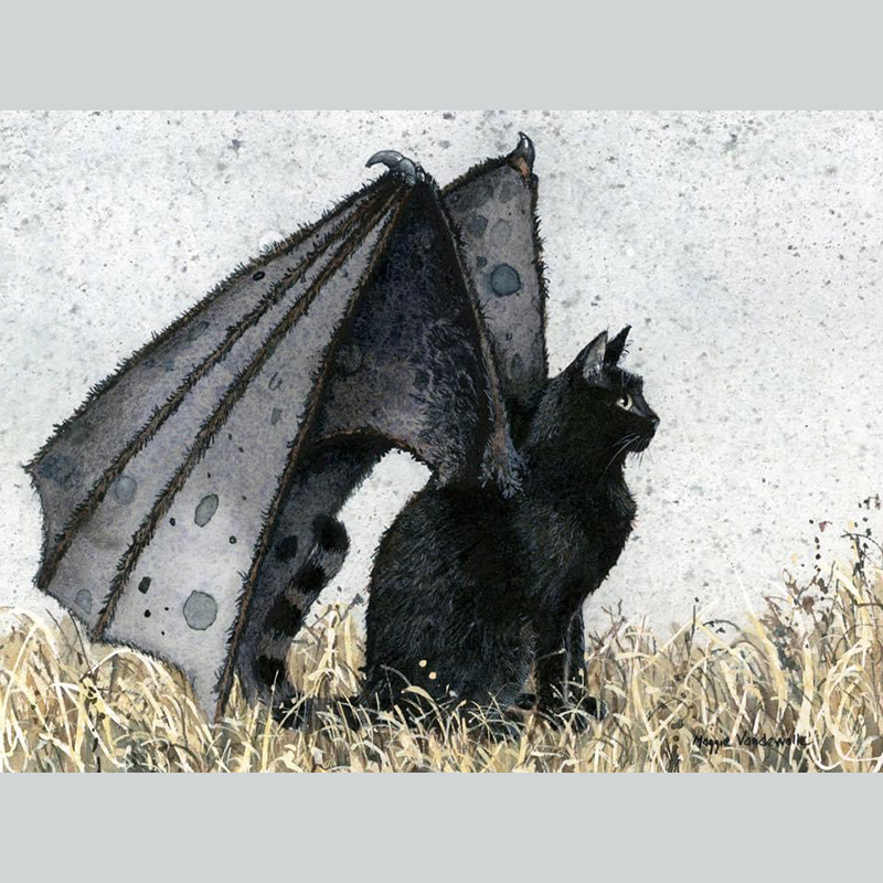 Battycats, Maggie Vandewalle watercolor, black cat with bat wings