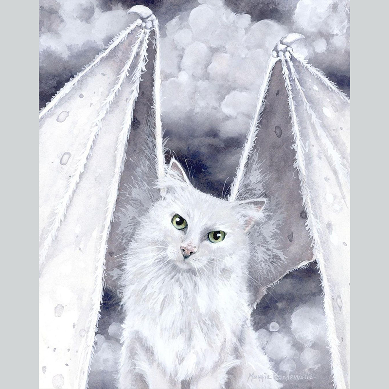 White cat with bat wings