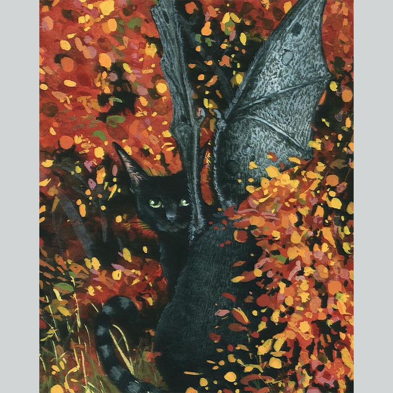 Battycat in a glowing orange autumn tree
