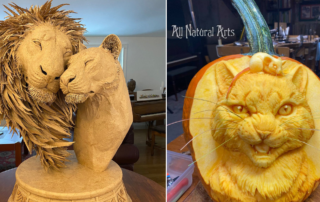 Cats made of pumpkin and cardboard.