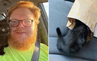 Addison Chandler in car with Martin the black kitten on his shoulder, Oklahoma City, Oklahoma