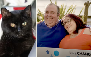 National Lottery winners Deb Gellatly and Tony Pearce and Billy the lucky black cat