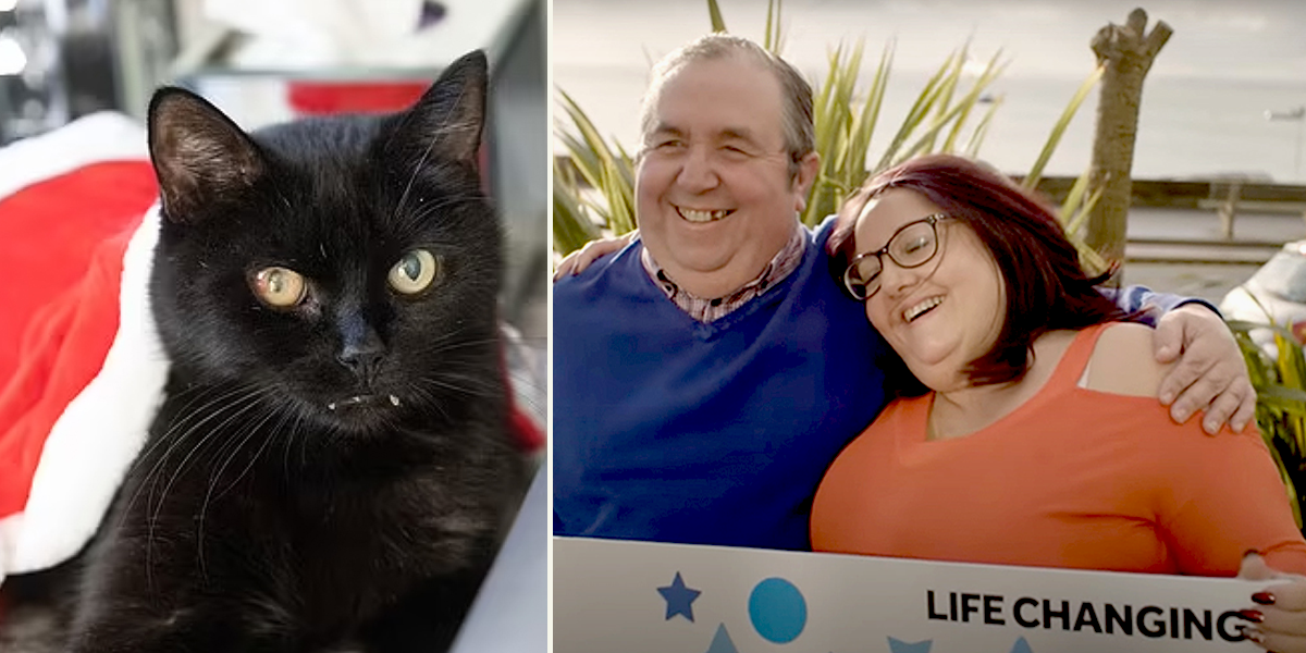 National Lottery winners Deb Gellatly and Tony Pearce and Billy the lucky black cat