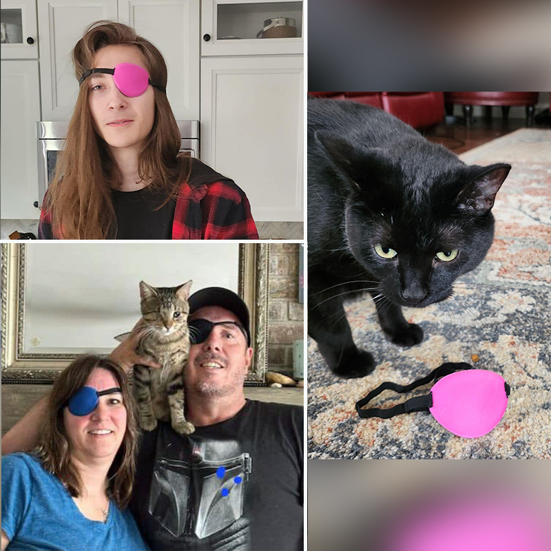 Family poses with eye patches after adopting foster kitten Doug, who lost an eye due to feline herpes