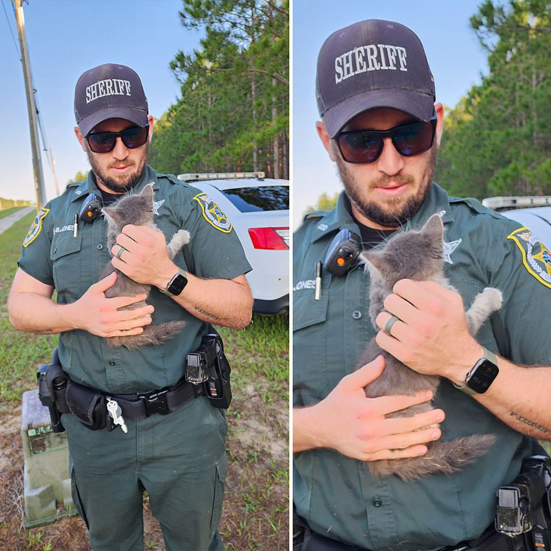 Officer Brandon Jones with Mario the rescued kitten that fell into a pipe 5 feet underground, Citrus County Sheriff's Office