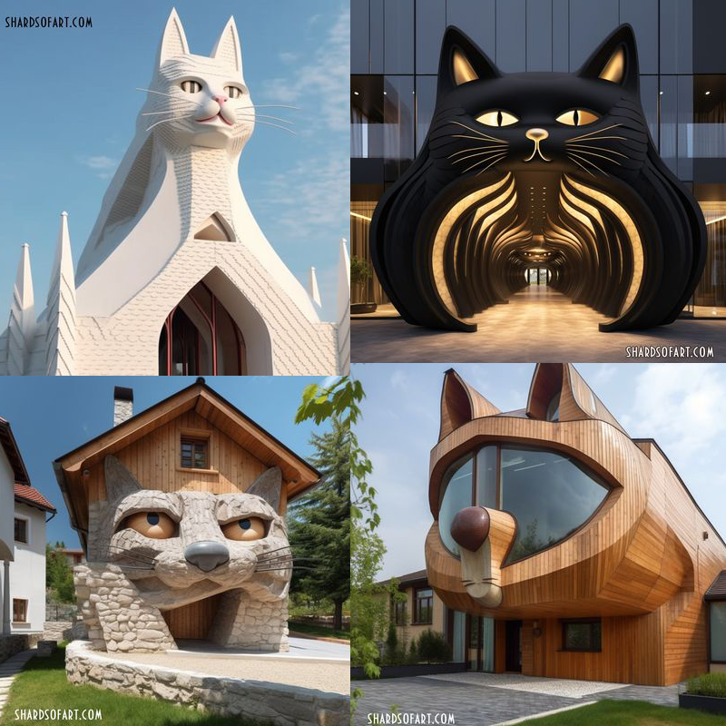  Artificial Intelligence, AI, cat-themed artwork generated by AI, Shards of Art, Ukraine, feline artwork, architecture of cats, houses that look like cats