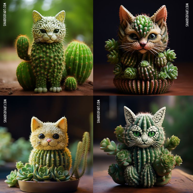 AI generated image by Shard of Art, cat-shaped cactus plants