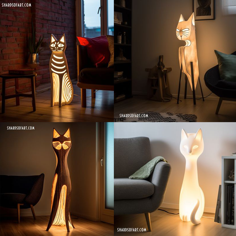Furniture with a cat theme by AI image generator, Shards of Art, lamps