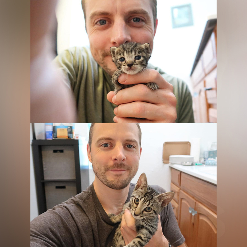 Cat Man Chris with a rescued kitten, cat myths