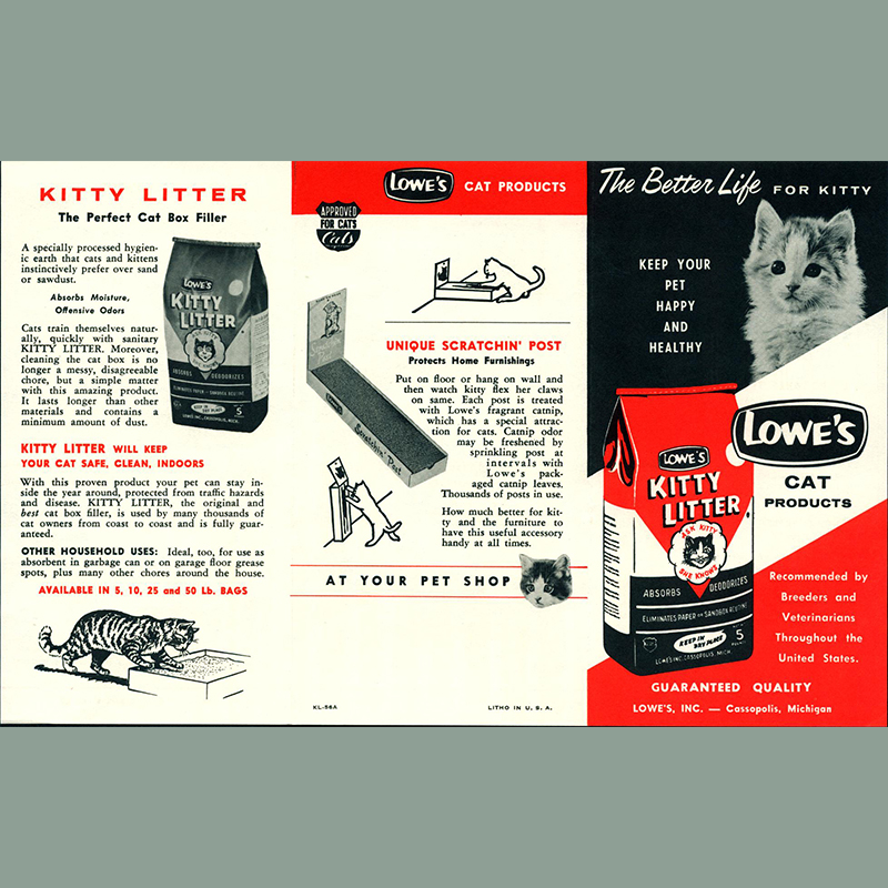 A promotional pamphlet for Lowe’s Cat Products features not only Kitty Litter, but also a scratching post. Courtesy the Edward Lowe Foundation Archives, Hagley Museum & Archives