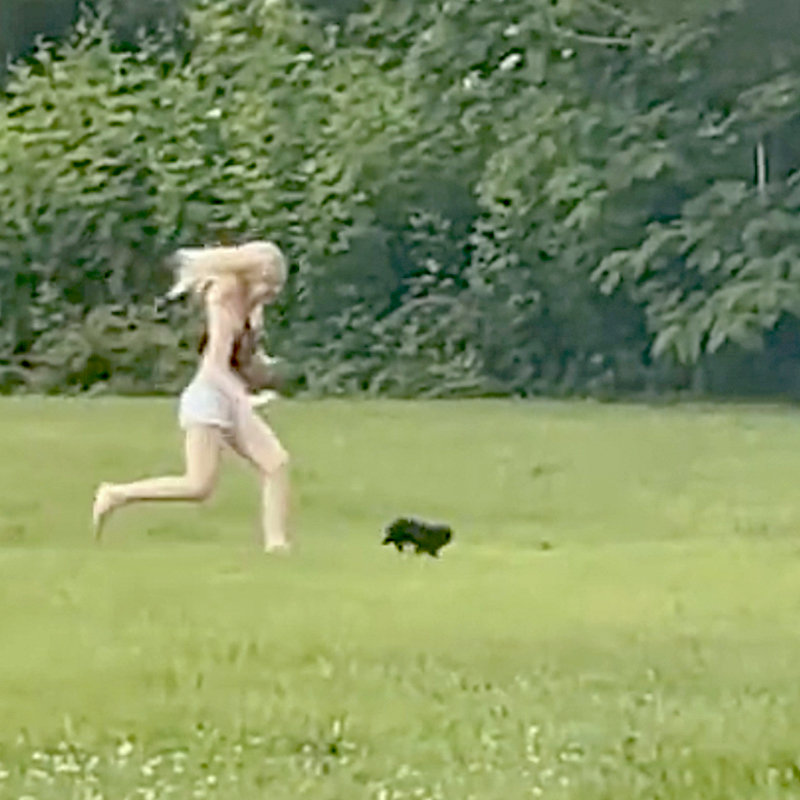 Ava sprints barefooted across the field after the feral kitten later named Amorè 
