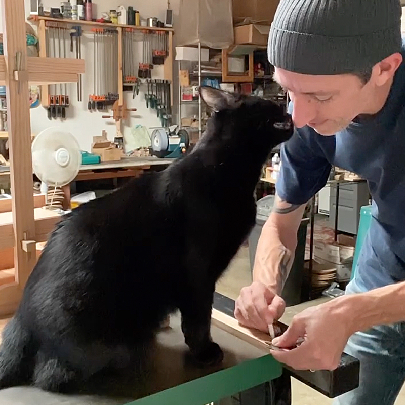Justin and Kristin LaRose, Grizzly the Shop Cat, Recycled Skateboard Art, Woodworking, Woodturning, Long Beach, California, Black Cats, Rainbow Wood Shop, 1