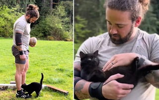 Highland Games athlete, Nathan L. Western Washington, Punkin the black cat, Riley the Yellow Labrador Retriever, cat interrupts Dad's workouts and training, weight toss, hammer toss, Backwoods Highlander
