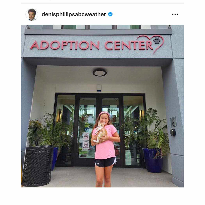 Denis Phillips, Jim Cantore and Al Roker, ABC Actions News Tampa, Purricane, Kitten named Dipper adopted from Humane Society of Tampa Bay, orange and white kitten, Tampa-area Chief Meteorologist, daughter Ryan holds the kitten in front of the Humane Society