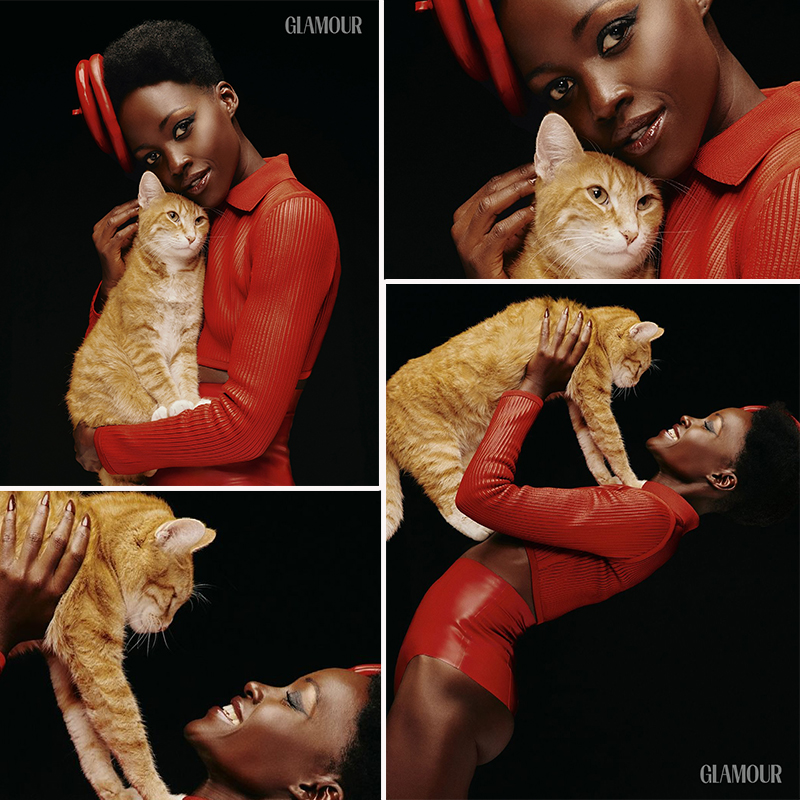 Lupita Nyong'o, A Quiet Place: Day One, overcoming fear of cats, Schnitzel and Nico, acting with cats, Hollywood Cats, Best Friends Animal Society, Yoyo the orange rescued cat, Joseph Quinn, acting with cats, Glamour Magazine pictures